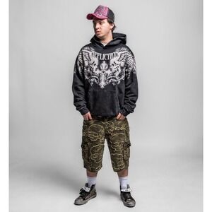 Affliction Mens Gothic Skull Winged Cross Graphic Hoodie Vintage Wash Black XL